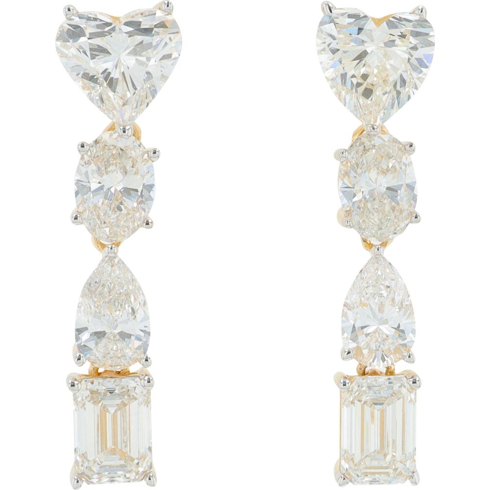 14K Yellow Gold Lab Grown Diamond Drop Earrings with Heart, Oval, Pear, and Emerald - Cut Diamonds - 3.50 Carat Total Diamond Weight