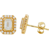 14K Yellow Gold Lab Grown Diamond Stud Earrings with Emerald Cut Center and Round Diamond Halo - 1.00 Carat Total Diamond Weight