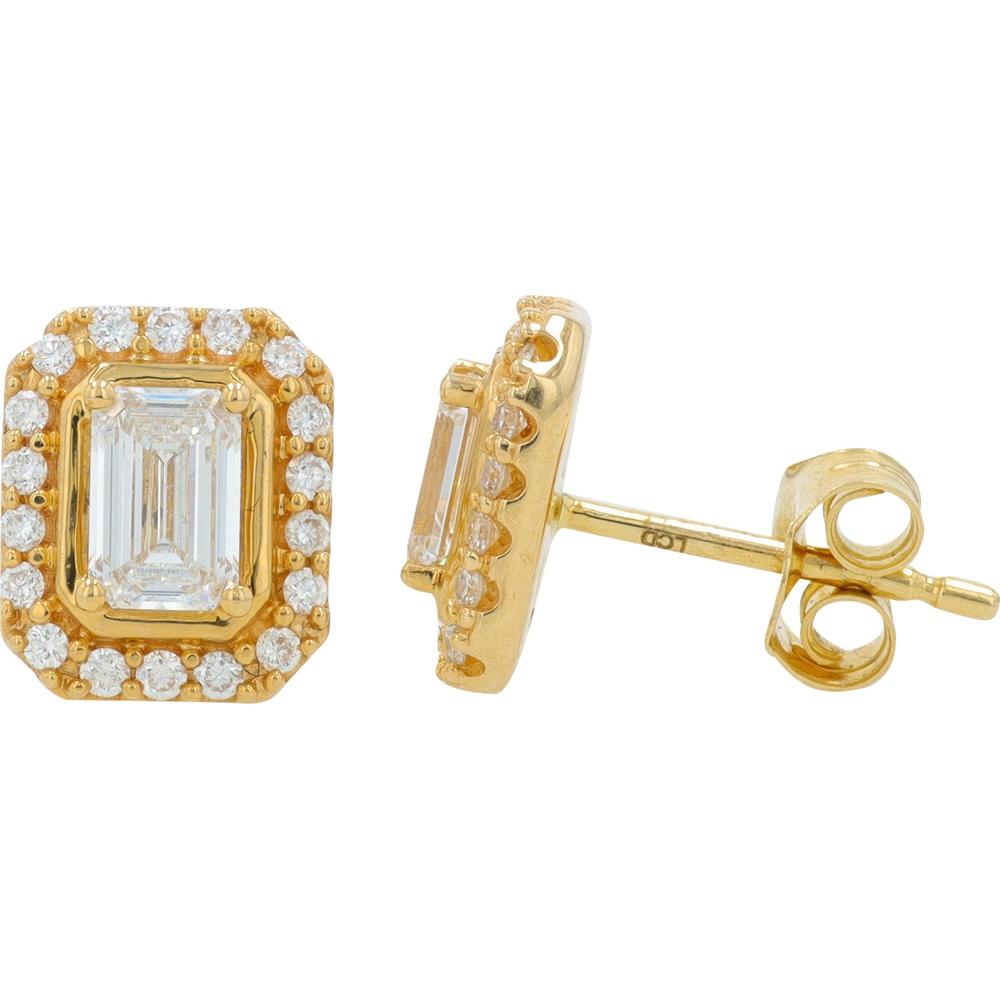 14K Yellow Gold Lab Grown Diamond Stud Earrings with Emerald Cut Center and Round Diamond Halo - 1.00 Carat Total Diamond Weight