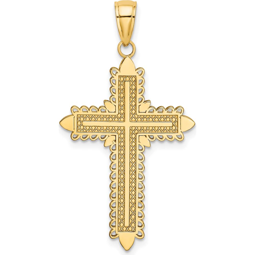 14K Yellow Gold Lace Border Cross Pendant with Polished Finish - 36.4mm Total Length by Oro Pregiato