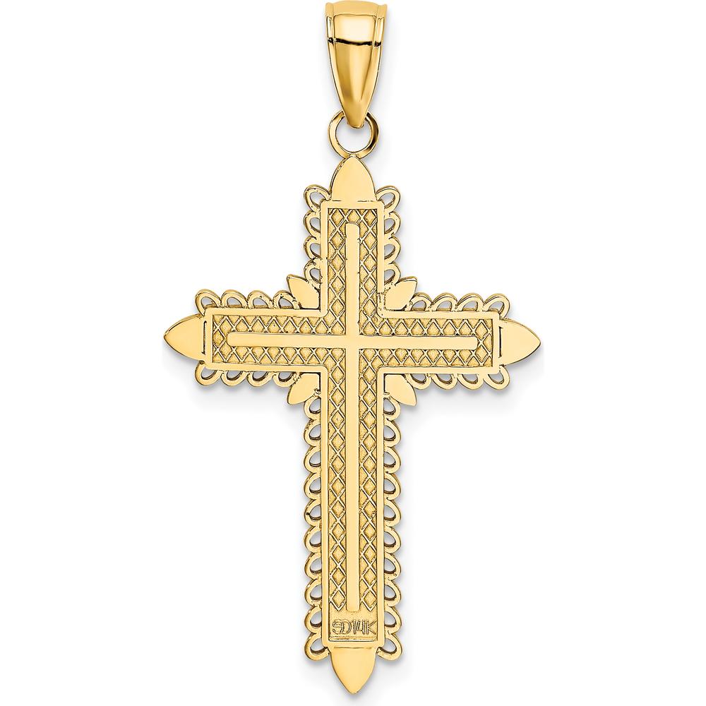 14K Yellow Gold Lace Border Cross Pendant with Polished Finish - 36.4mm Total Length by Oro Pregiato