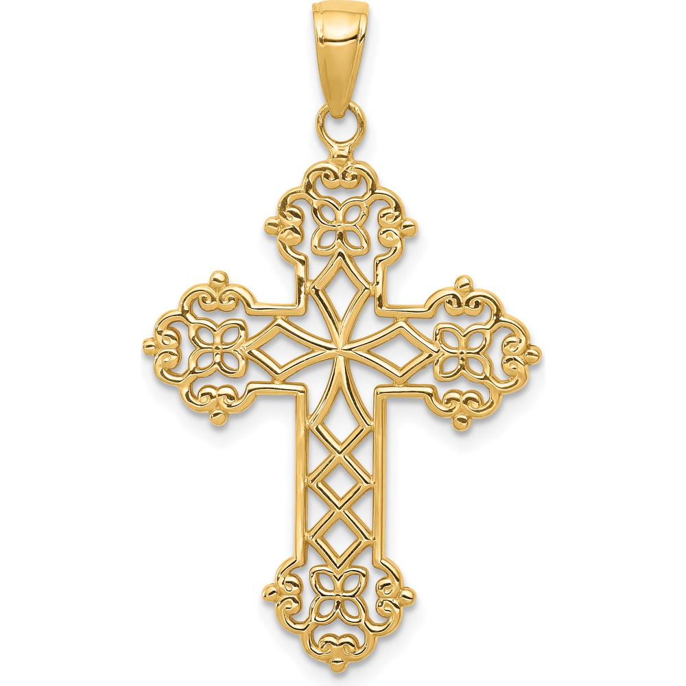 14K Yellow Gold Lacey Budded Cross Pendant - 40mm Length by Oro Pregiato