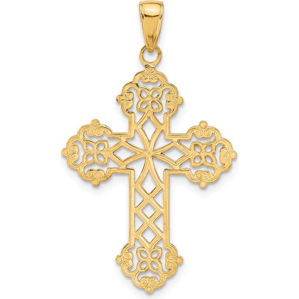 14K Yellow Gold Lacey Budded Cross Pendant - 40mm Length by Oro Pregiato