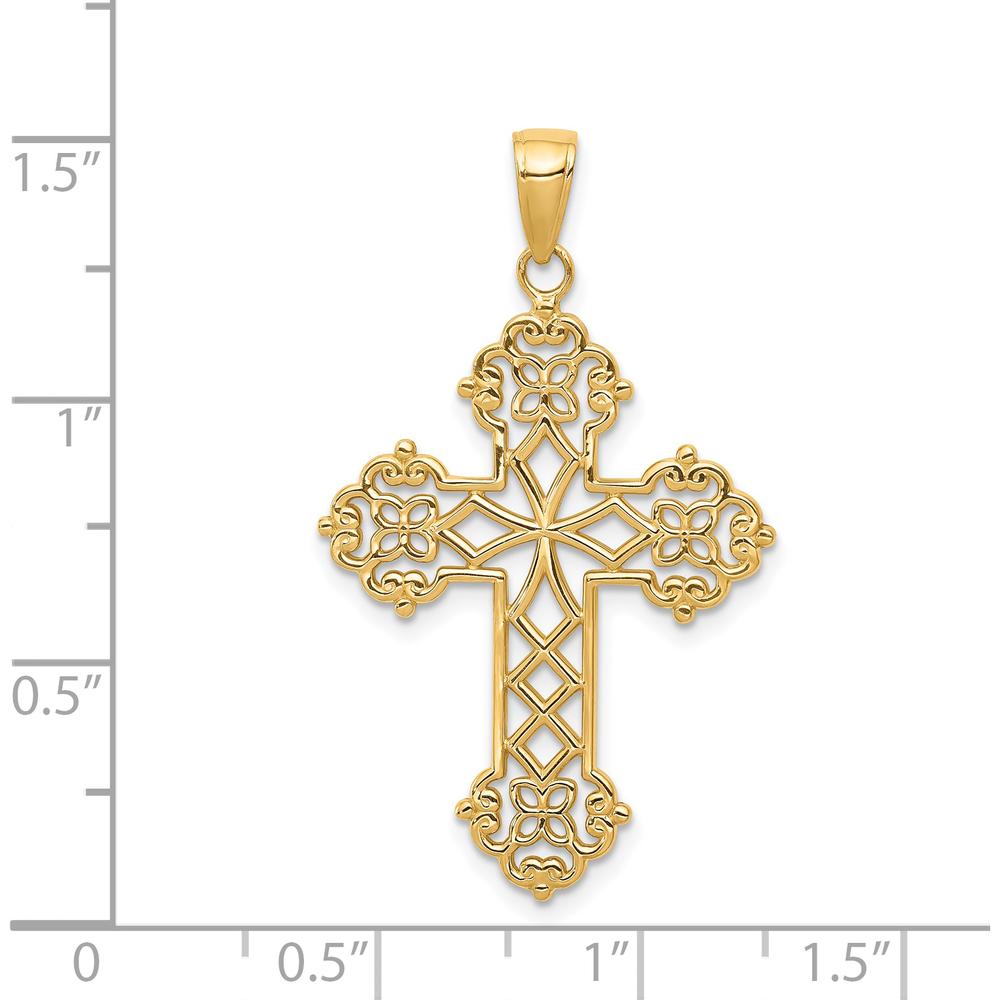 14K Yellow Gold Lacey Budded Cross Pendant - 40mm Length by Oro Pregiato