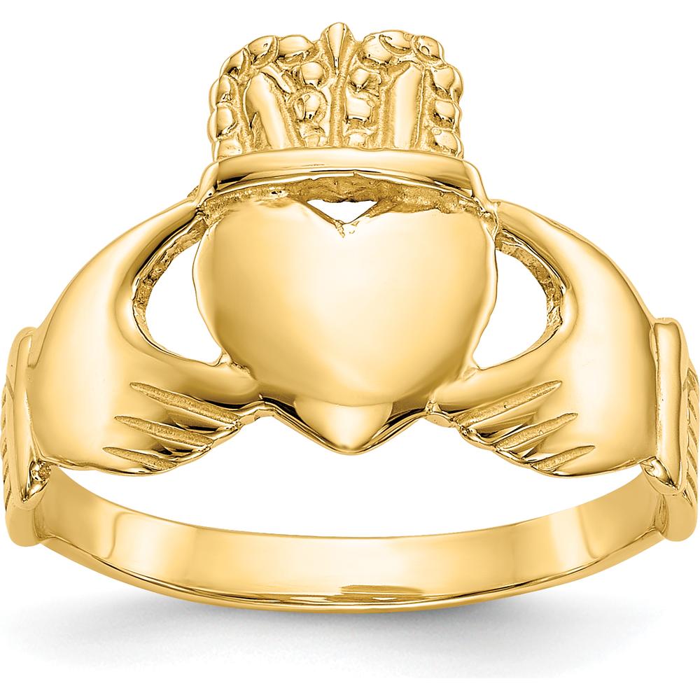 14K Yellow Gold Ladies Claddagh Ring with Textured Heart and Crown Design by Oro Pregiato