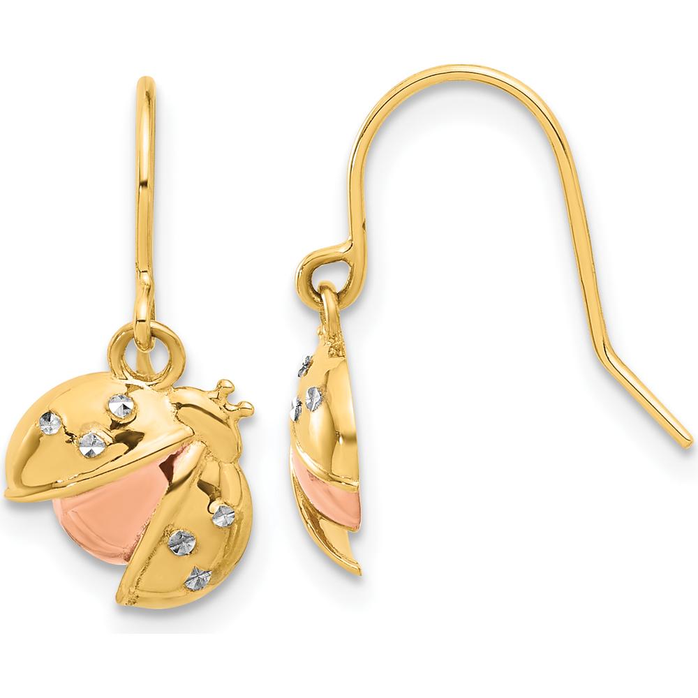 14K Yellow Gold Ladybug Dangle Earrings with Rose and White Rhodium Diamond-Cut Texture by 0