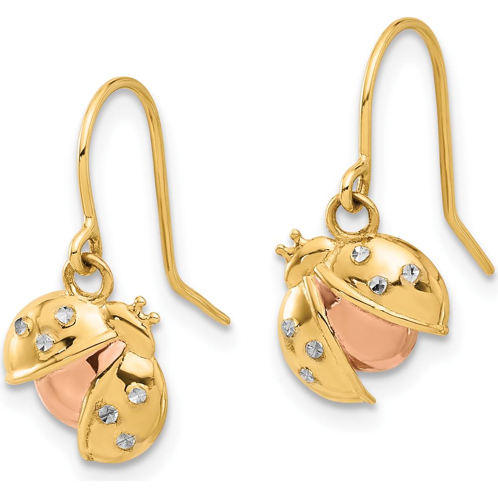 14K Yellow Gold Ladybug Dangle Earrings with Rose and White Rhodium Diamond-Cut Texture by 0