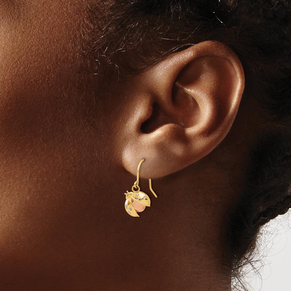 14K Yellow Gold Ladybug Dangle Earrings with Rose and White Rhodium Diamond-Cut Texture by 0