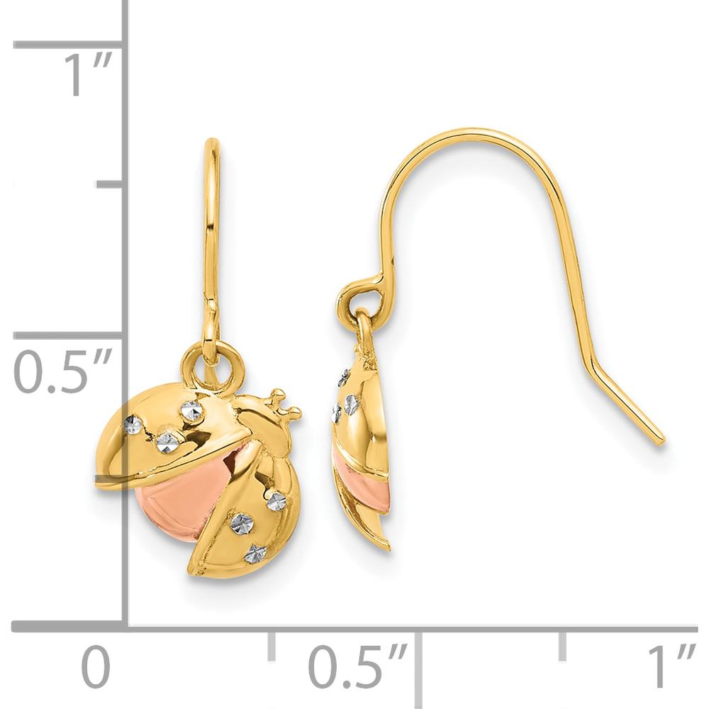 14K Yellow Gold Ladybug Dangle Earrings with Rose and White Rhodium Diamond-Cut Texture by 0