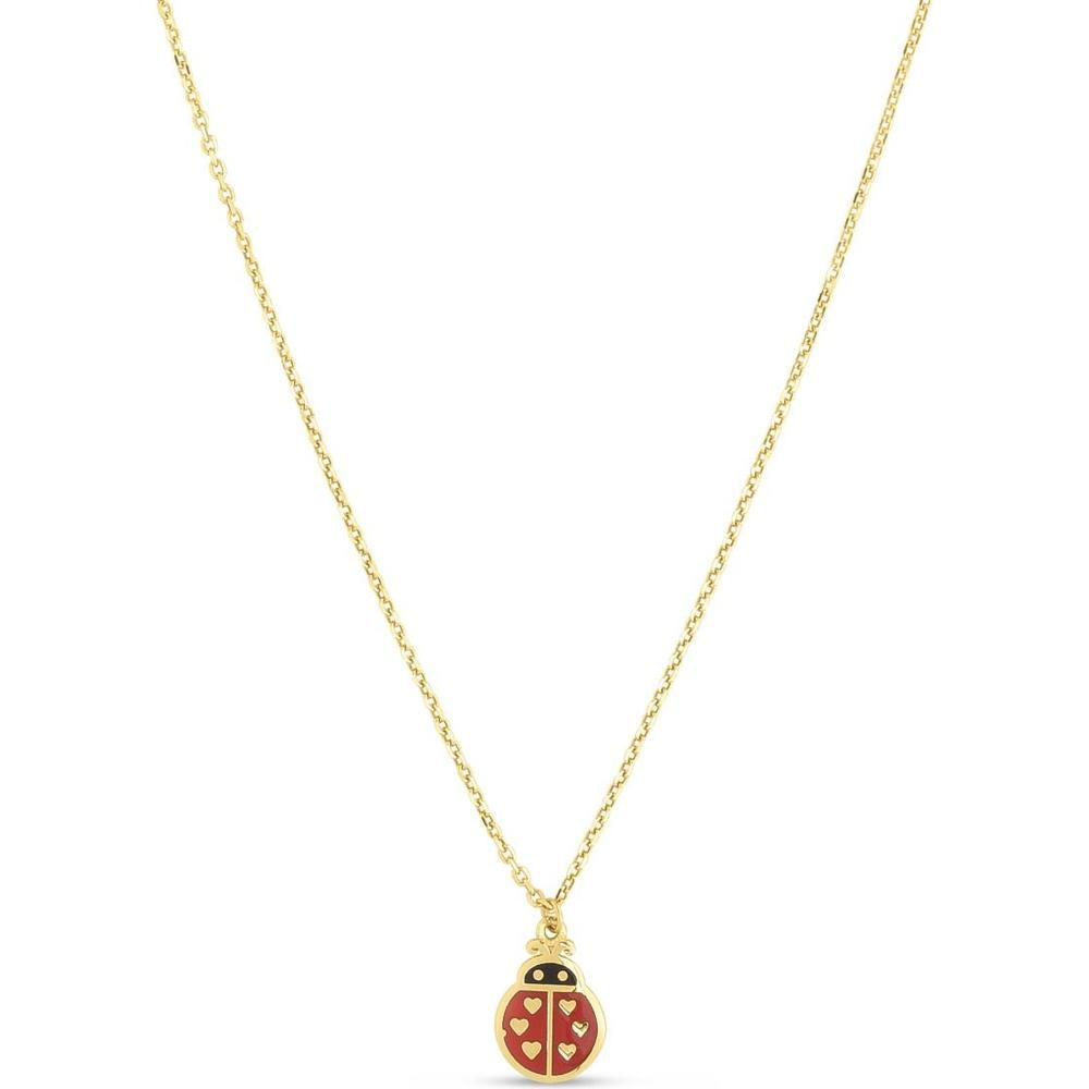 14K Yellow Gold Ladybug Pendant Necklace with Enamel Heart Accents on 18" Chain by Orozza Fine Jewelry