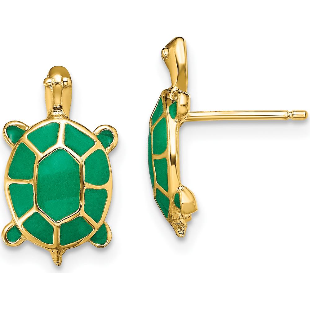 14K Yellow Gold Land Turtle Enamel Earrings with Green Shell - Unique Button Design by 0