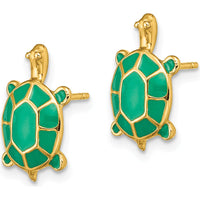14K Yellow Gold Land Turtle Enamel Earrings with Green Shell - Unique Button Design by 0