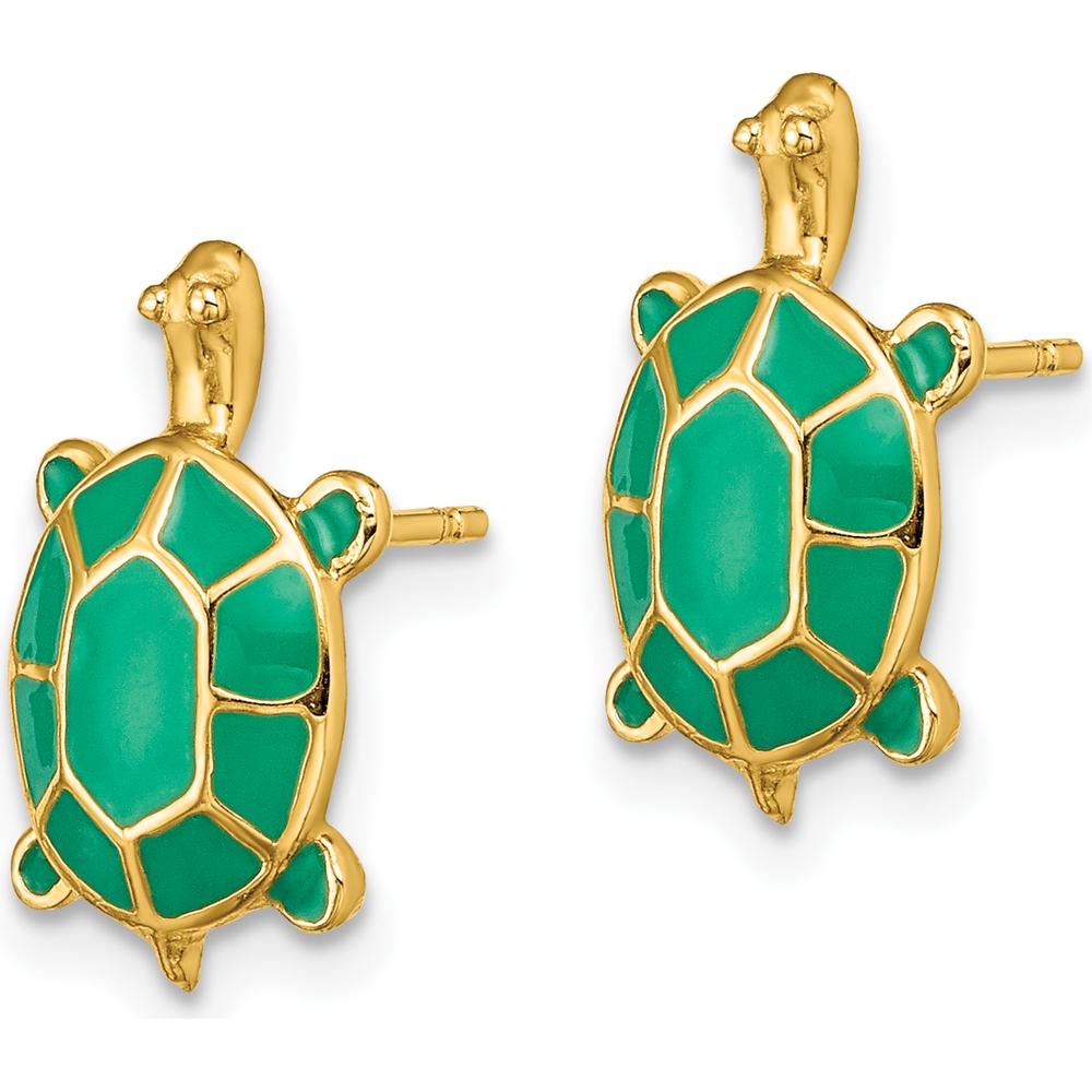 14K Yellow Gold Land Turtle Enamel Earrings with Green Shell - Unique Button Design by 0