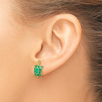 14K Yellow Gold Land Turtle Enamel Earrings with Green Shell - Unique Button Design by 0