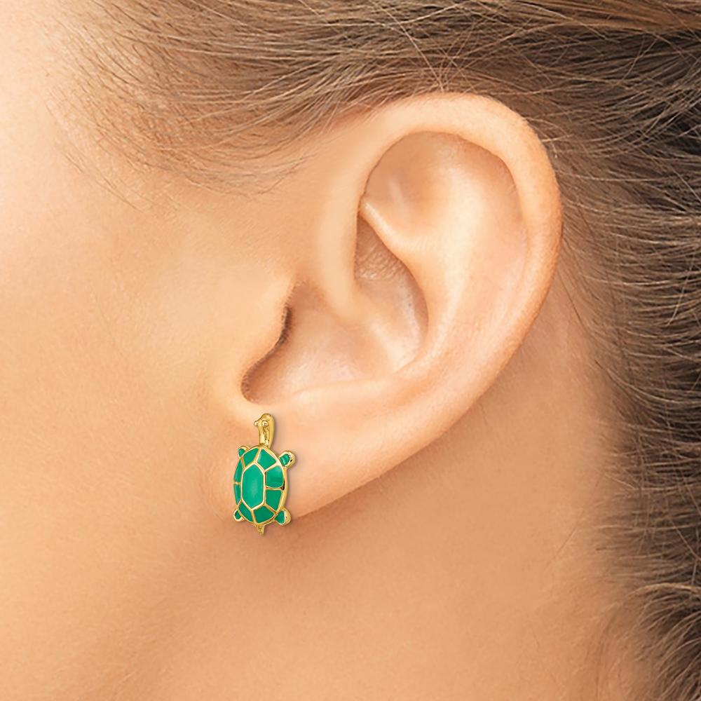 14K Yellow Gold Land Turtle Enamel Earrings with Green Shell - Unique Button Design by 0