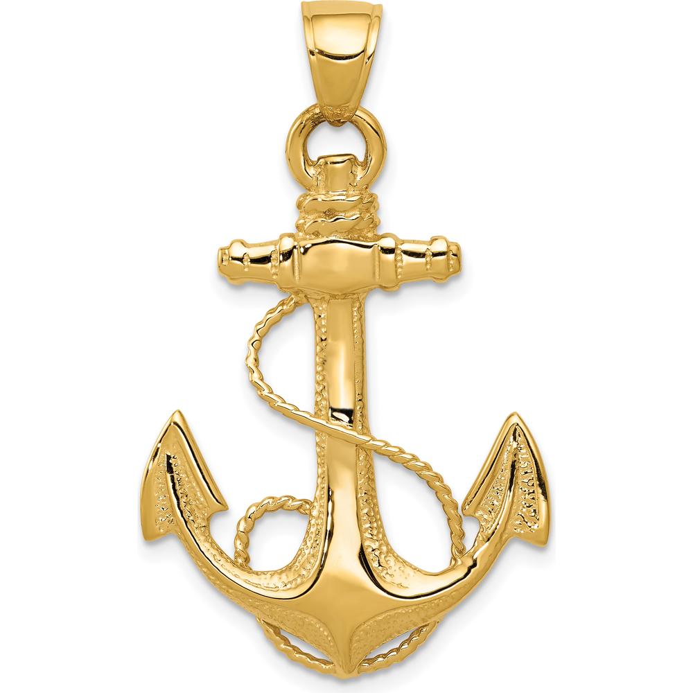 14K Yellow Gold Large 2D Anchor Pendant with Rope Detailing - 41mm Length, 25mm Width by Oro Pregiato