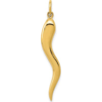 14K Yellow Gold Large 3D Italian Horn Charm Pendant - 40mm Length