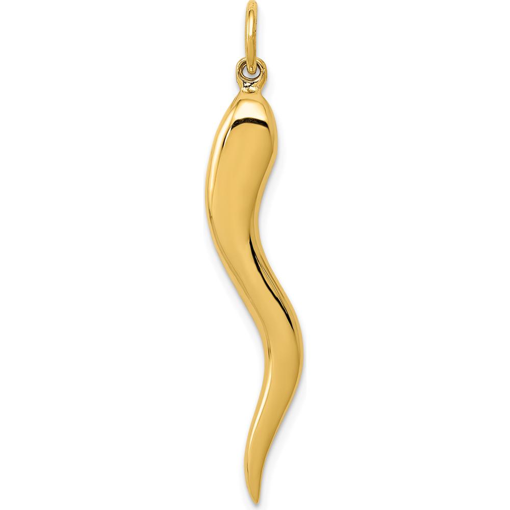 14K Yellow Gold Large 3D Italian Horn Charm Pendant - 40mm Length