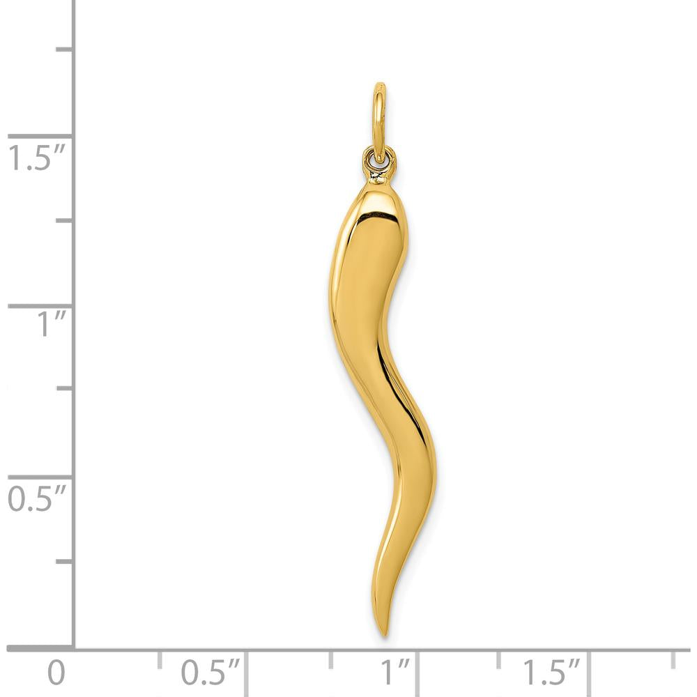 14K Yellow Gold Large 3D Italian Horn Charm Pendant - 40mm Length