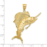14K Yellow Gold Large 3D Polished and Textured Jumping Sailfish Charm - Ocean-Inspired Design by Oro Pregiato