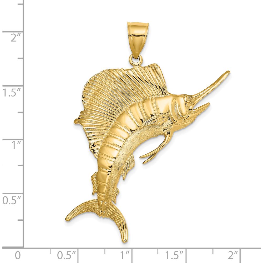 14K Yellow Gold Large 3D Polished and Textured Jumping Sailfish Charm - Ocean-Inspired Design by Oro Pregiato