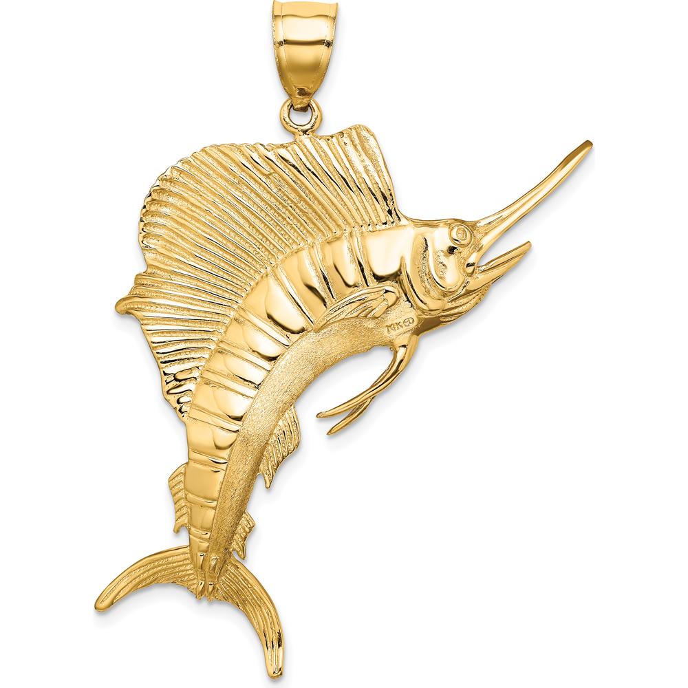 14K Yellow Gold Large 3D Polished and Textured Jumping Sailfish Charm - Ocean-Inspired Design by Oro Pregiato