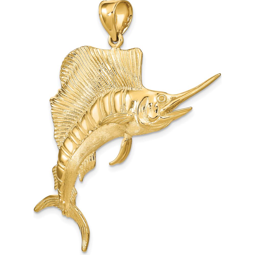 14K Yellow Gold Large 3D Polished and Textured Jumping Sailfish Charm - Ocean-Inspired Design by Oro Pregiato