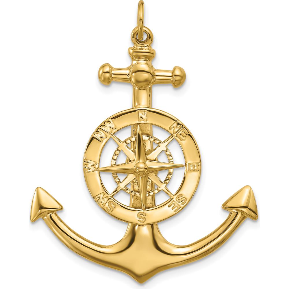 14K Yellow Gold Large Anchor Pendant with Nautical Compass - 56.5mm Polished Finish by Oro Pregiato