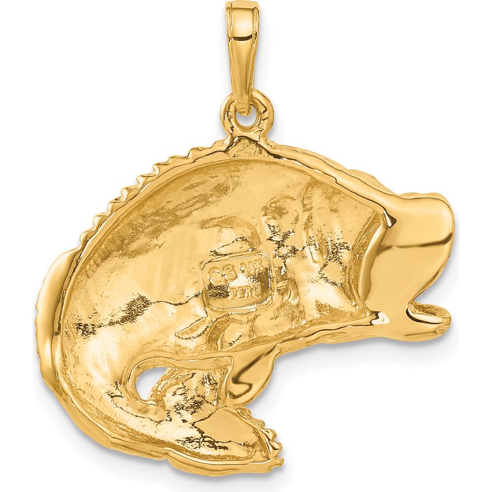 14K Yellow Gold Large Bass Fish Jumping Pendant - Solid Gold Wildlife Themed Charm by Oro Pregiato