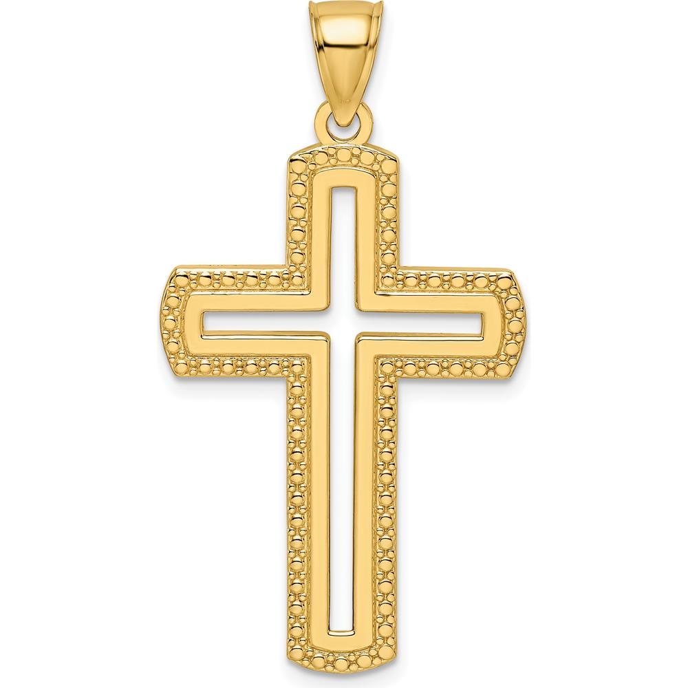 14K Yellow Gold Large Beaded Cut-out Cross Pendant with Textured Back - 44.33mm Length by Oro Pregiato