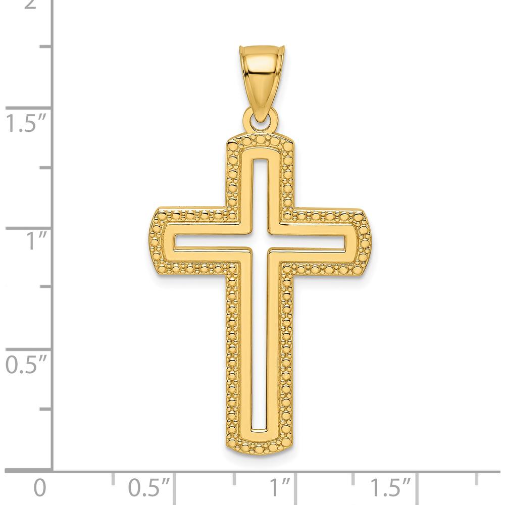 14K Yellow Gold Large Beaded Cut-out Cross Pendant with Textured Back - 44.33mm Length by Oro Pregiato