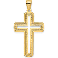 14K Yellow Gold Large Beaded Cut-out Cross Pendant with Textured Back - 44.33mm Length by Oro Pregiato