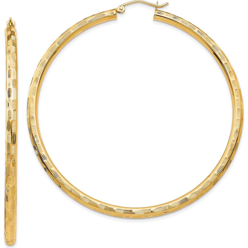 14K Yellow Gold Large Diamond-Cut Hoop Earrings - 60mm Length by 0