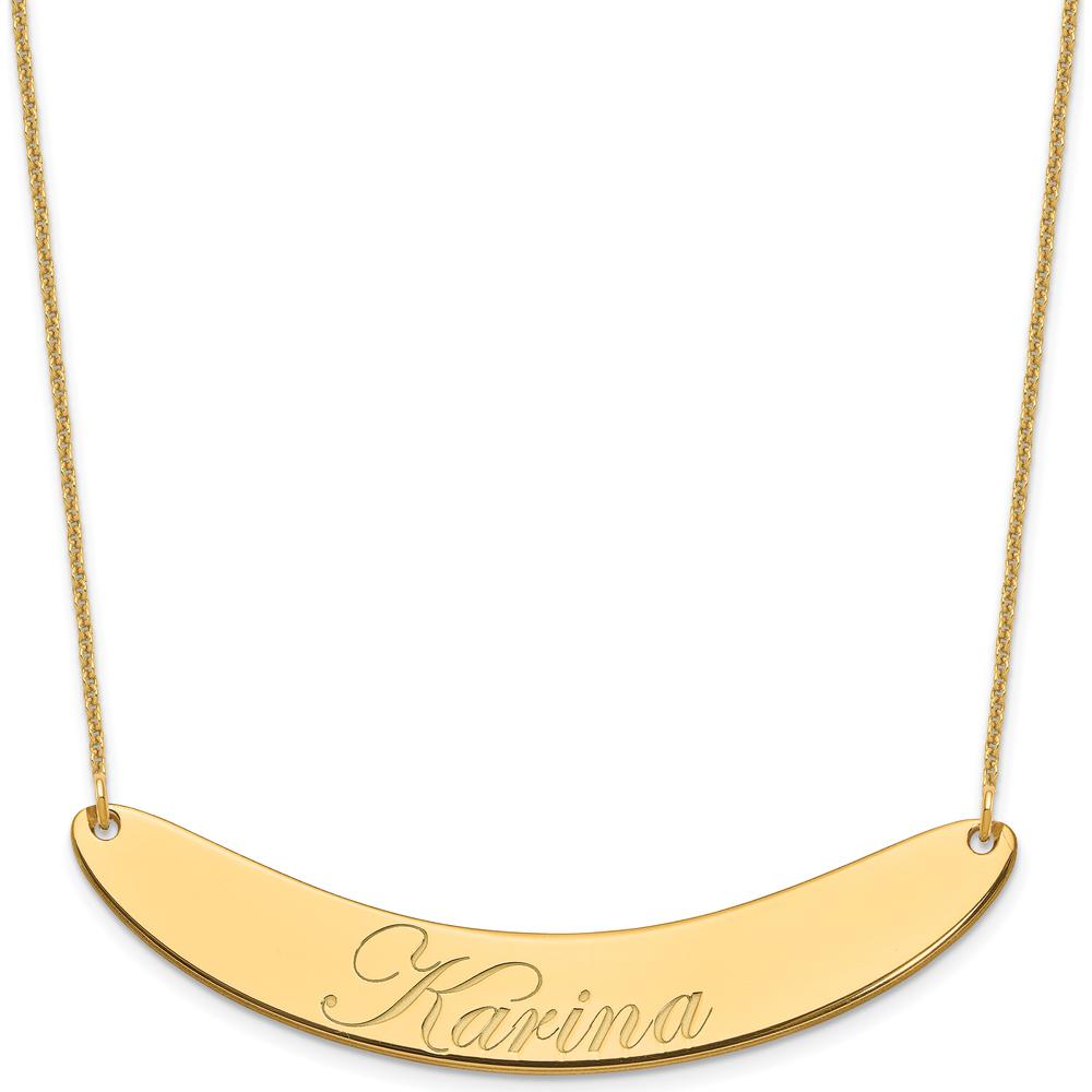 14K Yellow Gold Large Edwardian Script Curved Bar Necklace - Personalized, 18-Inch Cable Chain by Oro Pregiato