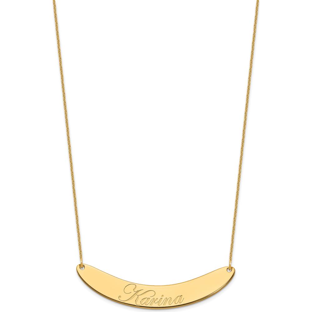 14K Yellow Gold Large Edwardian Script Curved Bar Necklace - Personalized, 18-Inch Cable Chain by Oro Pregiato