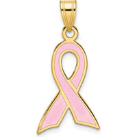 14K Yellow Gold Large Enamel Pink Awareness Ribbon Pendant - 29mm Length by Oro Pregiato