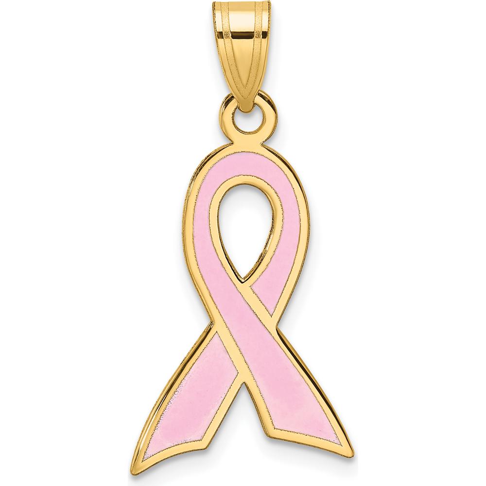 14K Yellow Gold Large Enamel Pink Awareness Ribbon Pendant - 29mm Length by Oro Pregiato