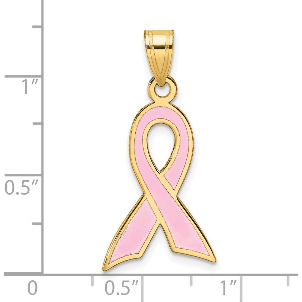 14K Yellow Gold Large Enamel Pink Awareness Ribbon Pendant - 29mm Length by Oro Pregiato