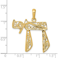 14K Yellow Gold Large Filigree Chai Pendant - Polished Finish by Oro Pregiato