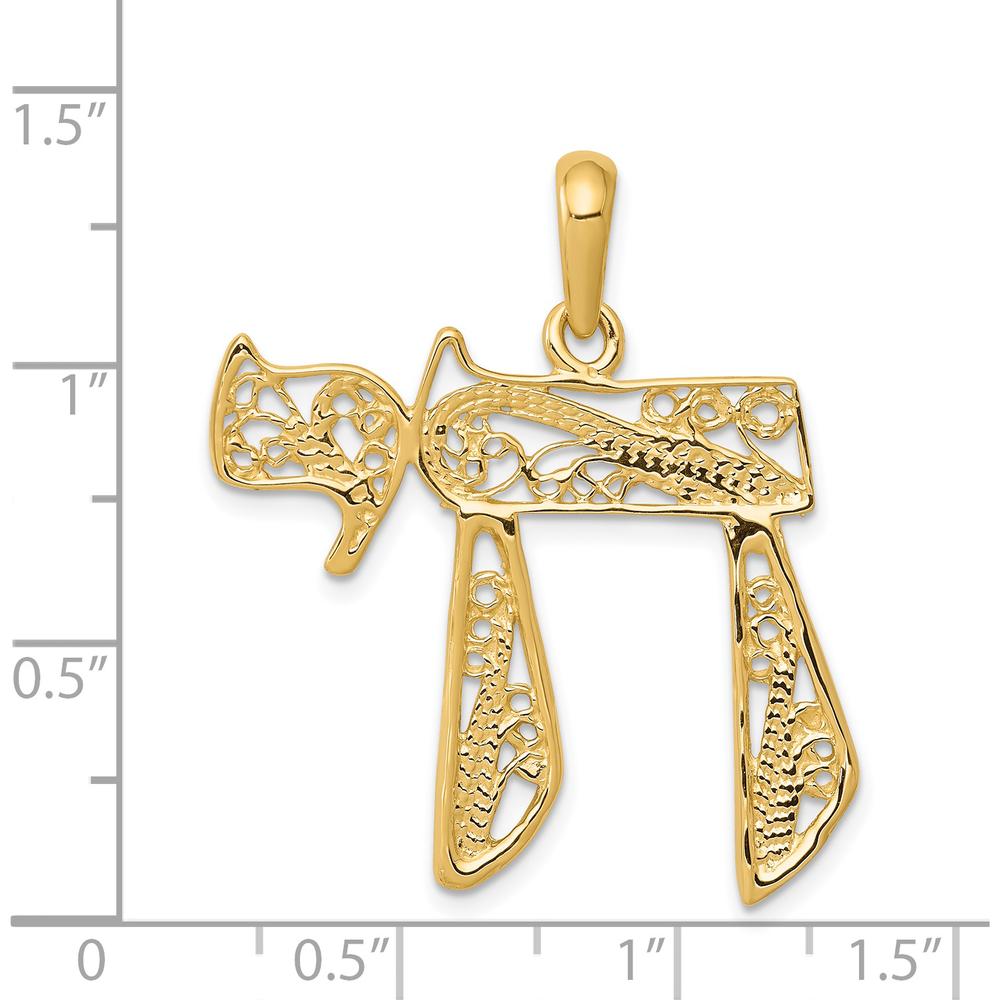 14K Yellow Gold Large Filigree Chai Pendant - Polished Finish by Oro Pregiato