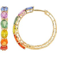 14K Yellow Gold Large Hoop Earrings with 6.00 Carat Total Weight Oval Multi Sapphires
