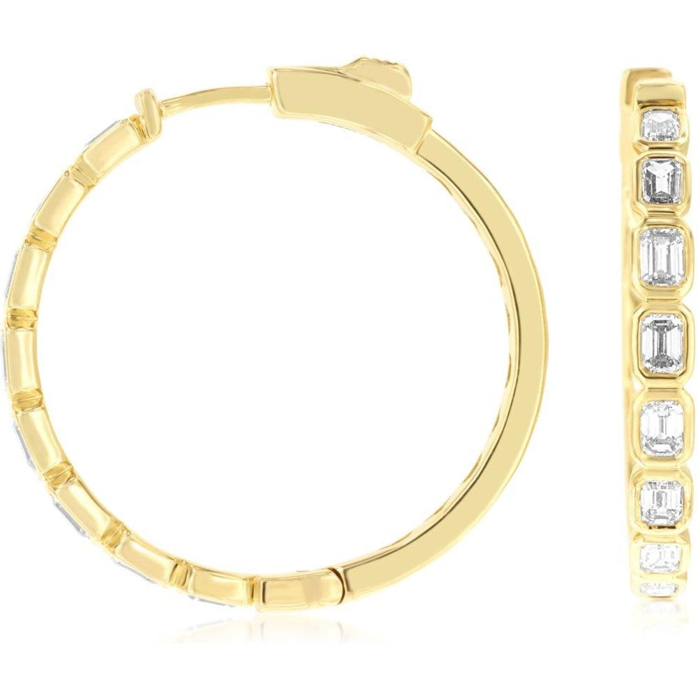 14K Yellow Gold Large Hoop Earrings with Channel-Set Emerald Cut Diamonds - 1.60 Carat Total Diamond Weight - Royal Jewelry