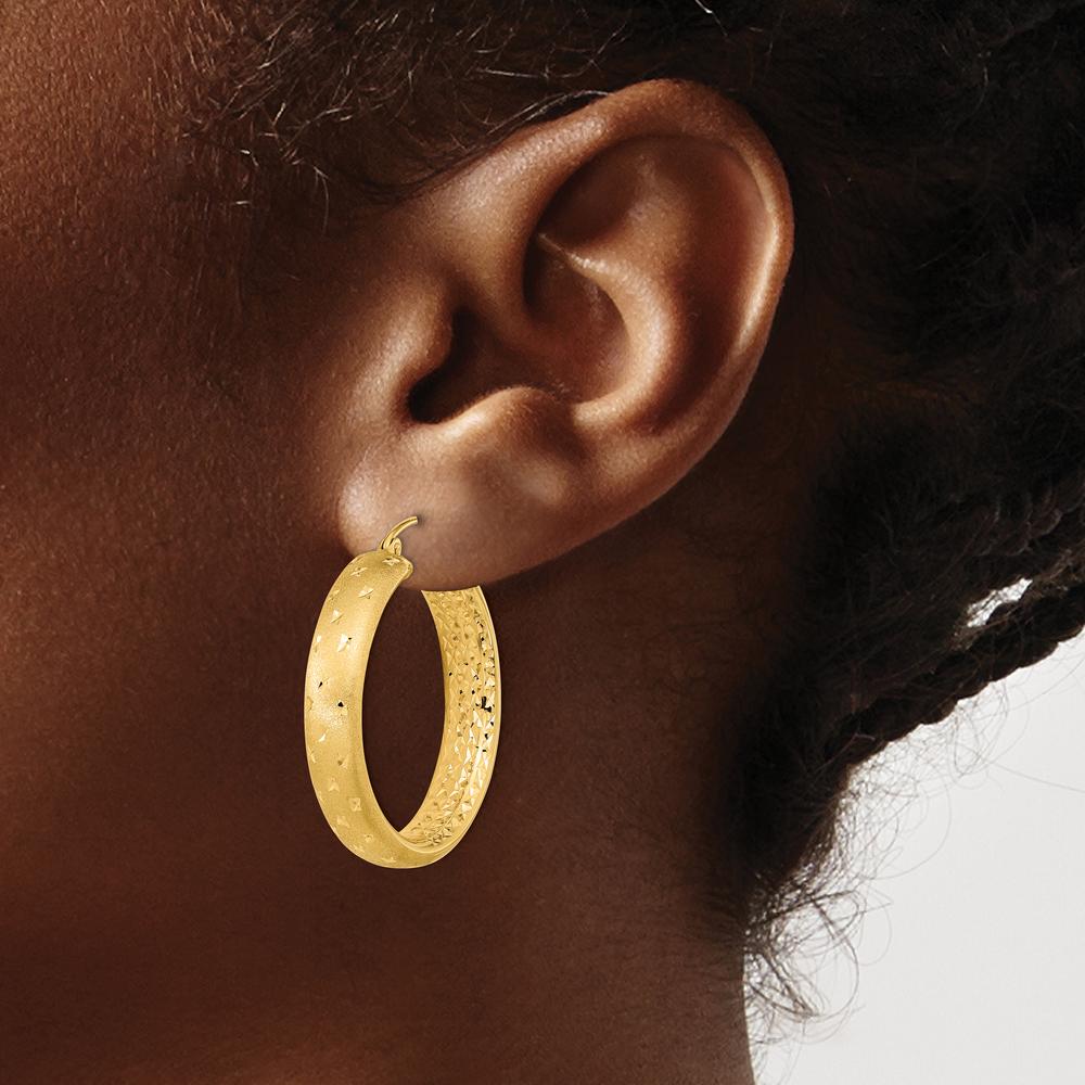 14K Yellow Gold Large Hoop Earrings with Diamond-Cut Texture and Polished Satin Finish by 0