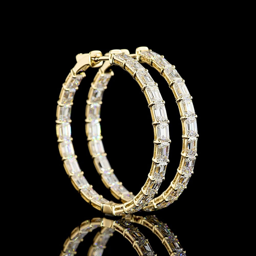 14K Yellow Gold Large Hoop Earrings with East-West Set Emerald Cut Lab Diamonds - 8.08 Carat Total Weight, E-F Color, VVS1 Clarity - Covaloro Fine Jewelry