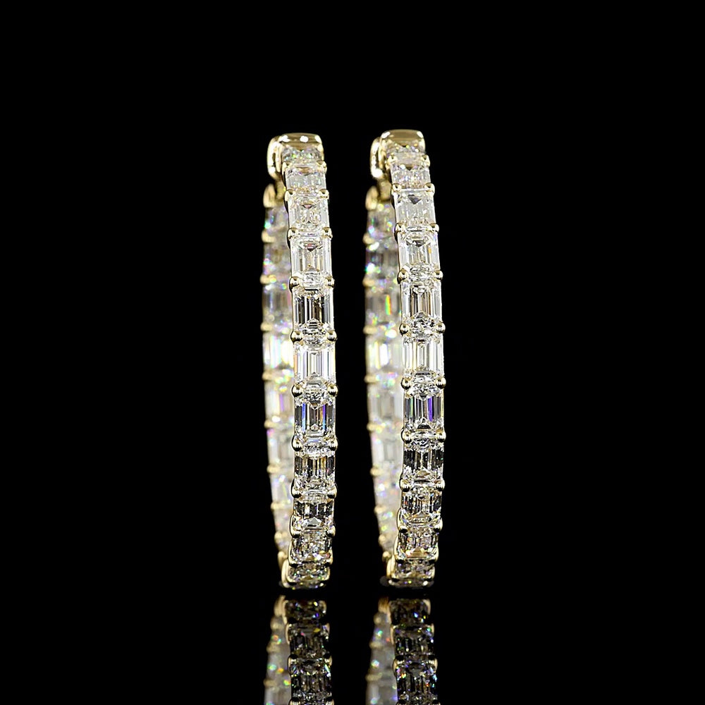 14K Yellow Gold Large Hoop Earrings with East-West Set Emerald Cut Lab Diamonds - 8.08 Carat Total Weight, E-F Color, VVS1 Clarity - Covaloro Fine Jewelry