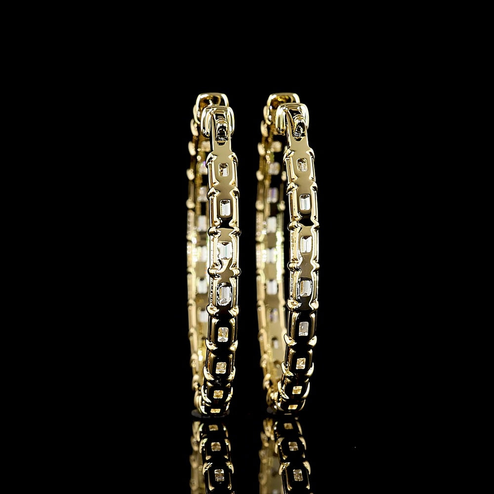 14K Yellow Gold Large Hoop Earrings with East-West Set Emerald Cut Lab Diamonds - 8.08 Carat Total Weight, E-F Color, VVS1 Clarity - Covaloro Fine Jewelry