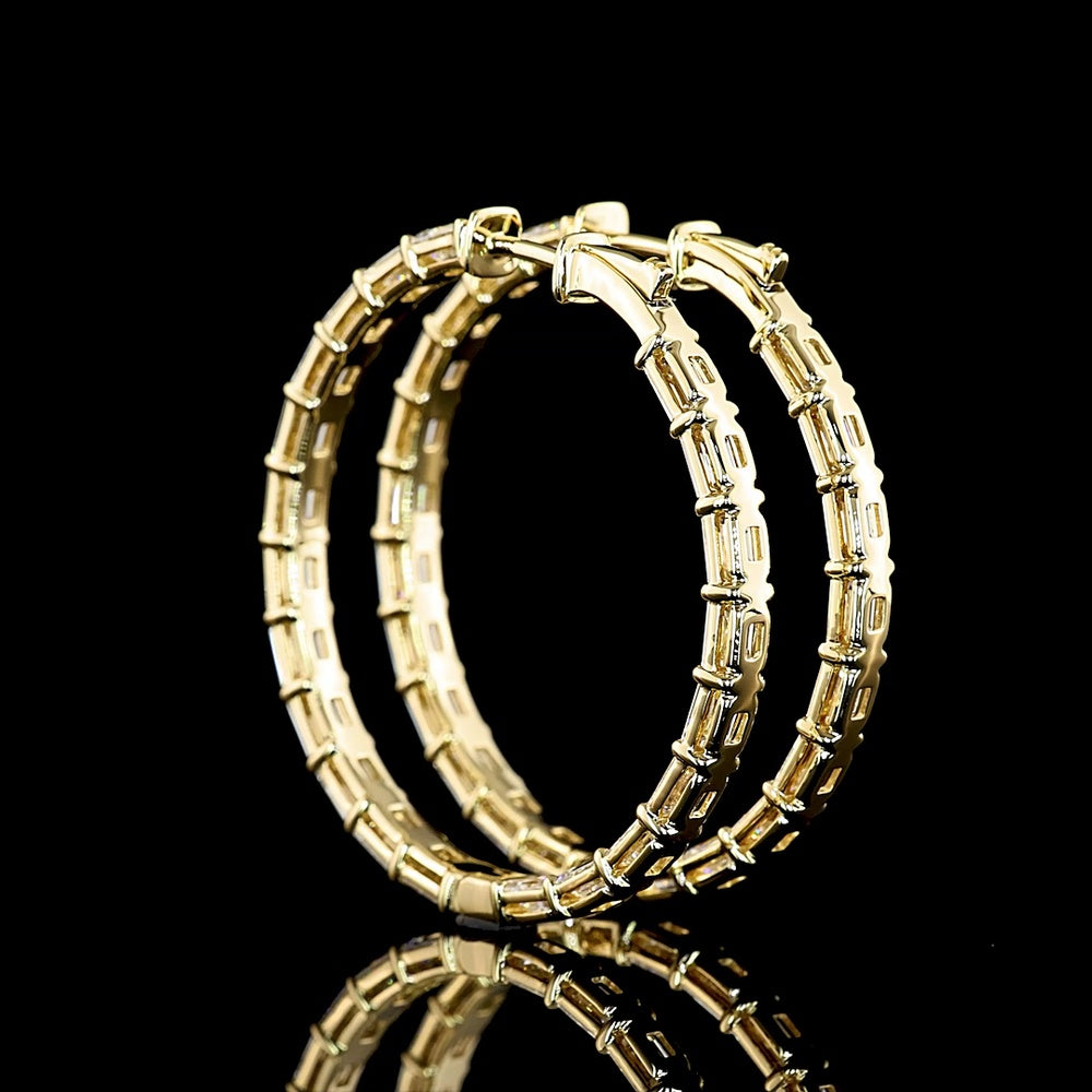 14K Yellow Gold Large Hoop Earrings with East-West Set Emerald Cut Lab Diamonds - 8.08 Carat Total Weight, E-F Color, VVS1 Clarity - Covaloro Fine Jewelry