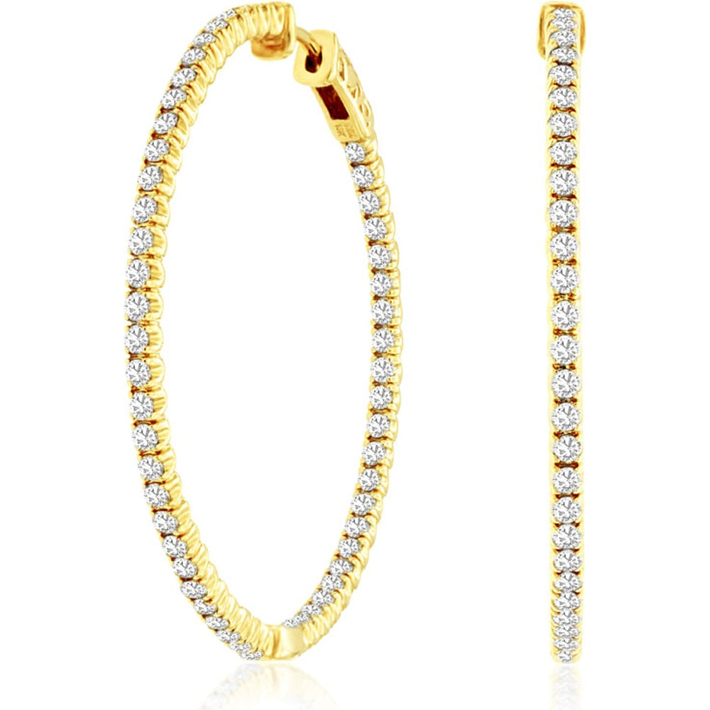 14K Yellow Gold Large Hoop Earrings with Prong-Set Round Brilliant Diamonds - 2.25 Carat Total Diamond Weight - Royal Jewelry
