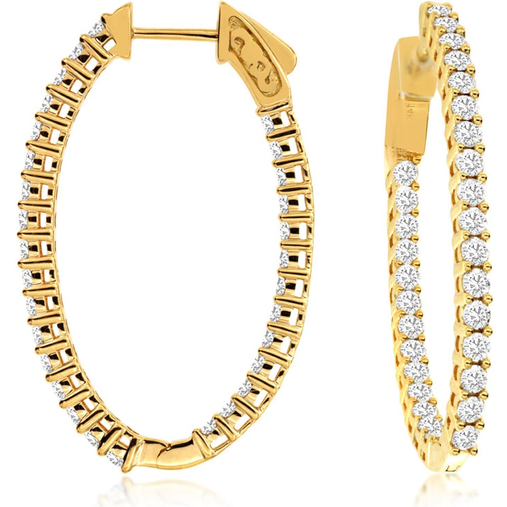 14K Yellow Gold Large Hoop Earrings with Prong Set Round Diamonds - 2.00 Carat Total Diamond Weight - Royal Jewelry