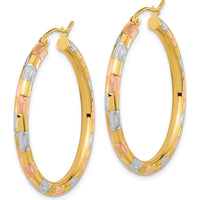 14K Yellow Gold Large Hoop Earrings with White & Rose Rhodium Diamond-Cut Finish by 0